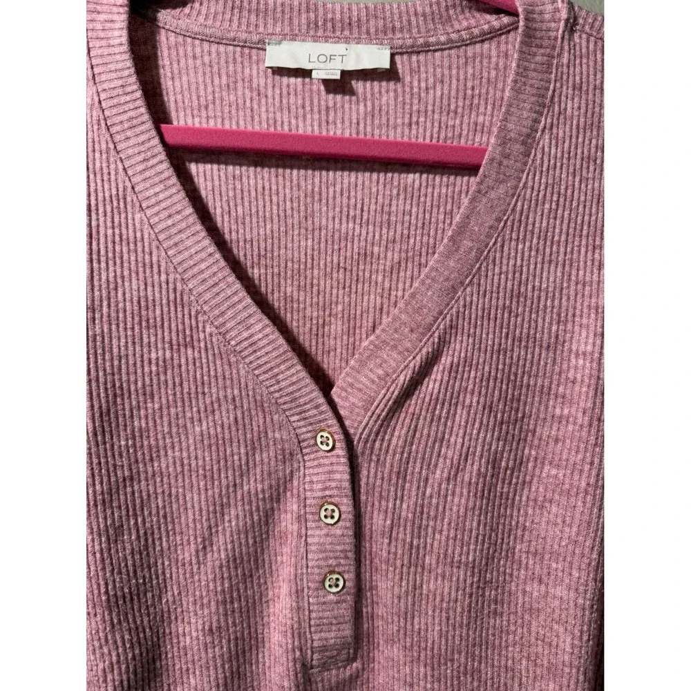 LOFT Women‎ Pink Ribbed Henley V-Neck Puff Sleeve Top Size L Mauve Long Sleeve